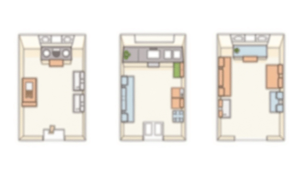 Comparação de três tipos de layouts de cozinha em L, corredor e U mostrando a disposição do triângulo