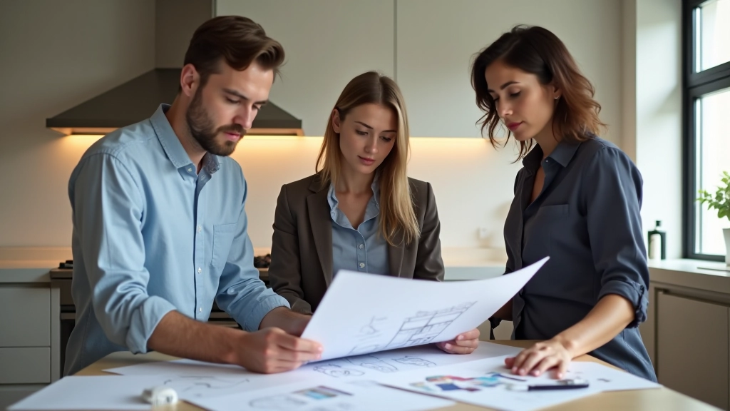 Equipa de especialistas em design de interiores, três profissionais em escritório moderno com plantas, luz natural