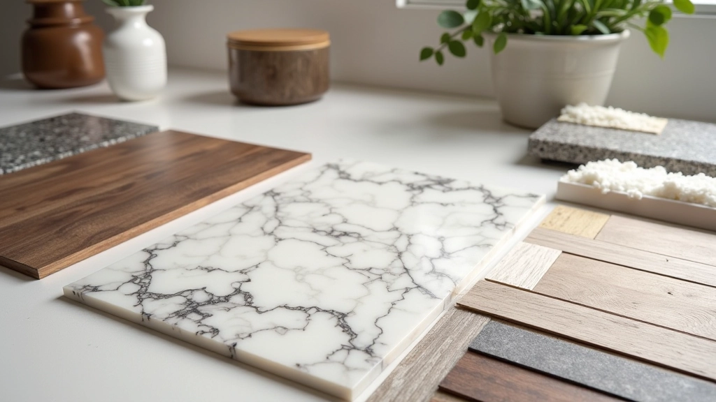 Bancada de cozinha com diferentes amostras de materiais: granito, quartzito, madeira e azulejos