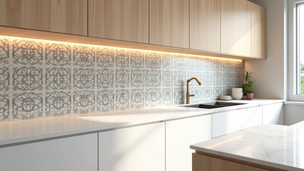 Detalhe de cozinha mostrando azulejos portugueses decorativos junto com bancada em quartzo branco, armário de carvalho claro, iluminação embutida moderna