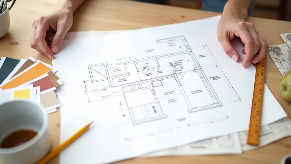 Plano de layout de cozinha em papel com régua, lápis e amostra de cores de tintas