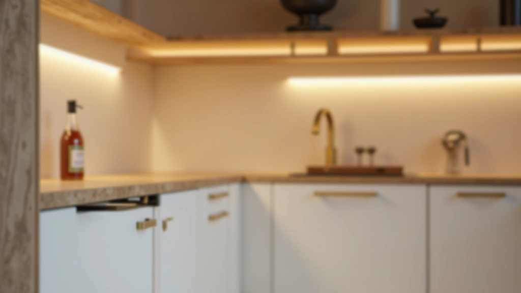 Detalhe de uma cozinha renovada mostrando puxadores em latão, iluminação LED integrada e balcão em pedra natural