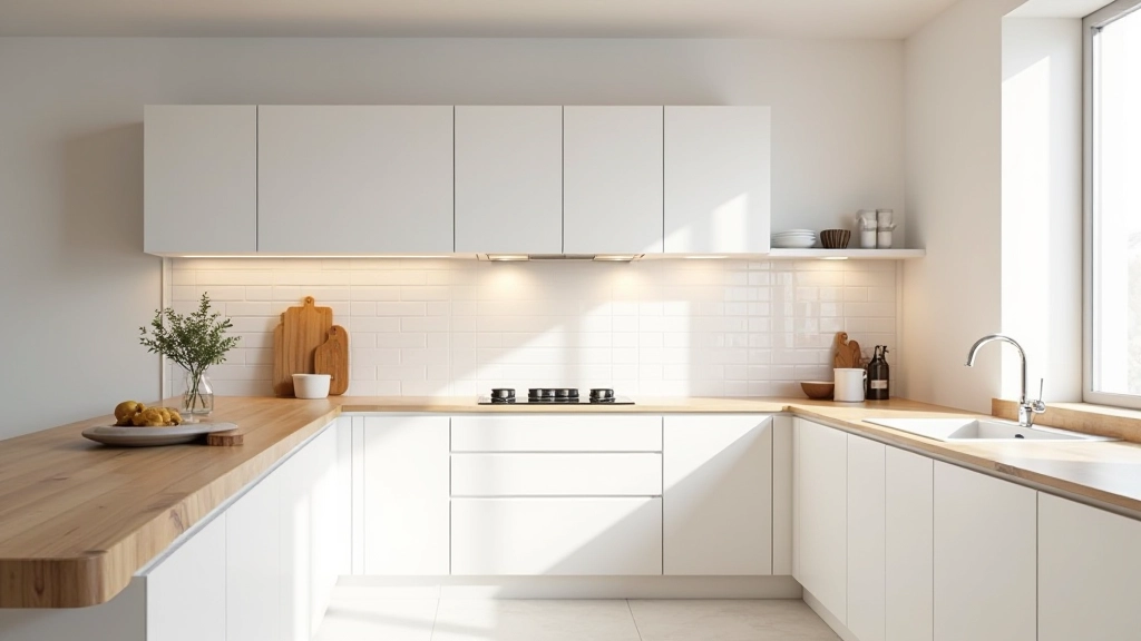 Cozinha moderna com backsplash de azulejos portugueses, armários brancos minimalistas, bancada de madeira natural, iluminação suave