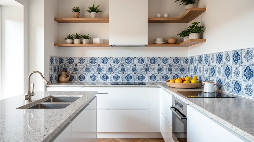 Cozinha moderna portuguesa com azulejos tradicionais e bancada de granito, iluminação natural, ambiente acolhedor