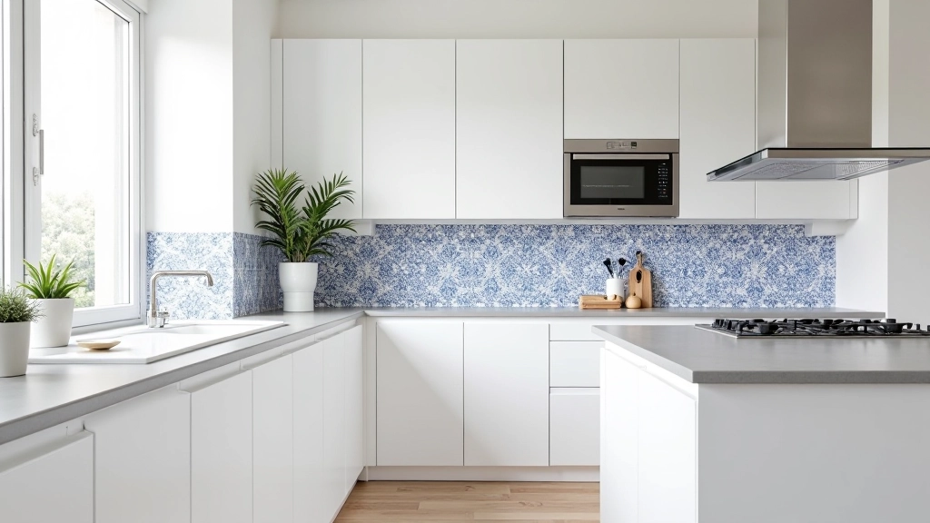 Cozinha moderna com azulejos portugueses azuis e brancos