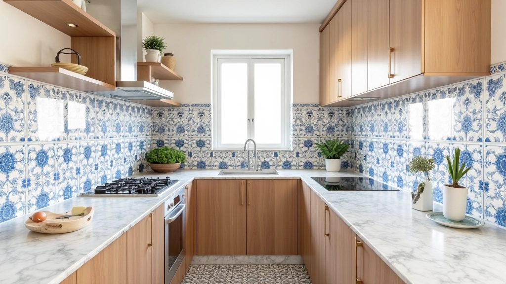 Cozinha moderna com azulejos portugueses azuis e brancos, bancada em granito, vista de cima com plantas