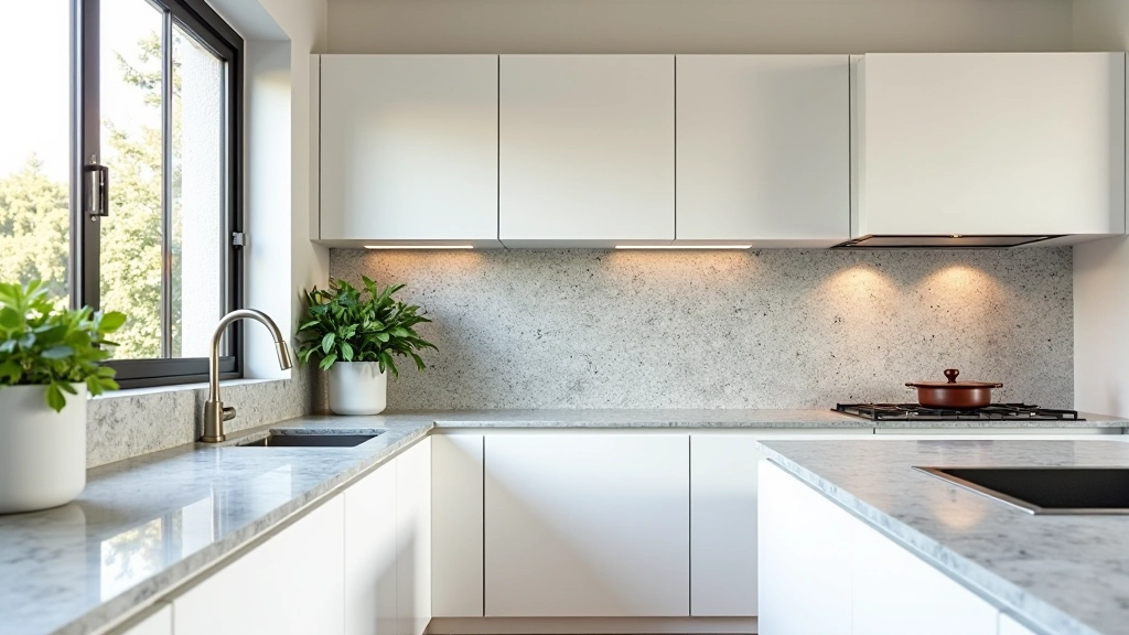 Cozinha aberta com azulejos portugueses em painel decorativo, bancada de granito cinzento, armários brancos minimalistas, plantas verdes, vista de canto