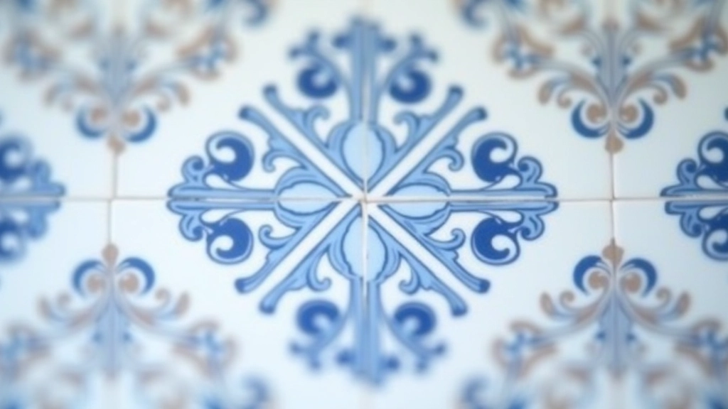 Detalhe de azulejos portugueses azuis e brancos em padrão geométrico tradicional, com luz natural realçando a textura e profundidade das cores