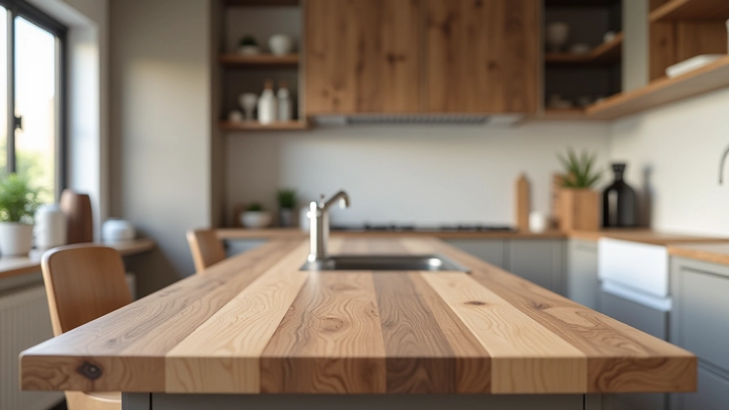 Bancada de madeira natural em cozinha moderna com acabamento matte